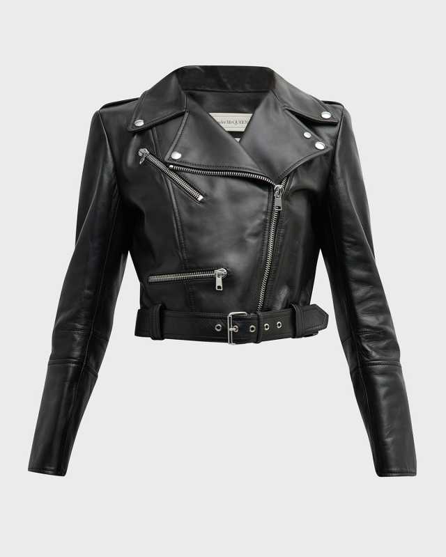 Belted Crop Leather Moto Jacket
